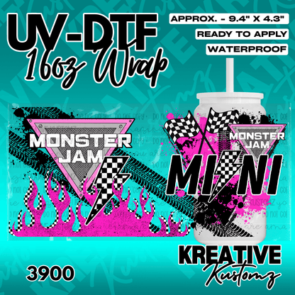 A Monster Jam themed UV DTF wrap for a 16oz glass can featuring pink flames and checkered flags.
