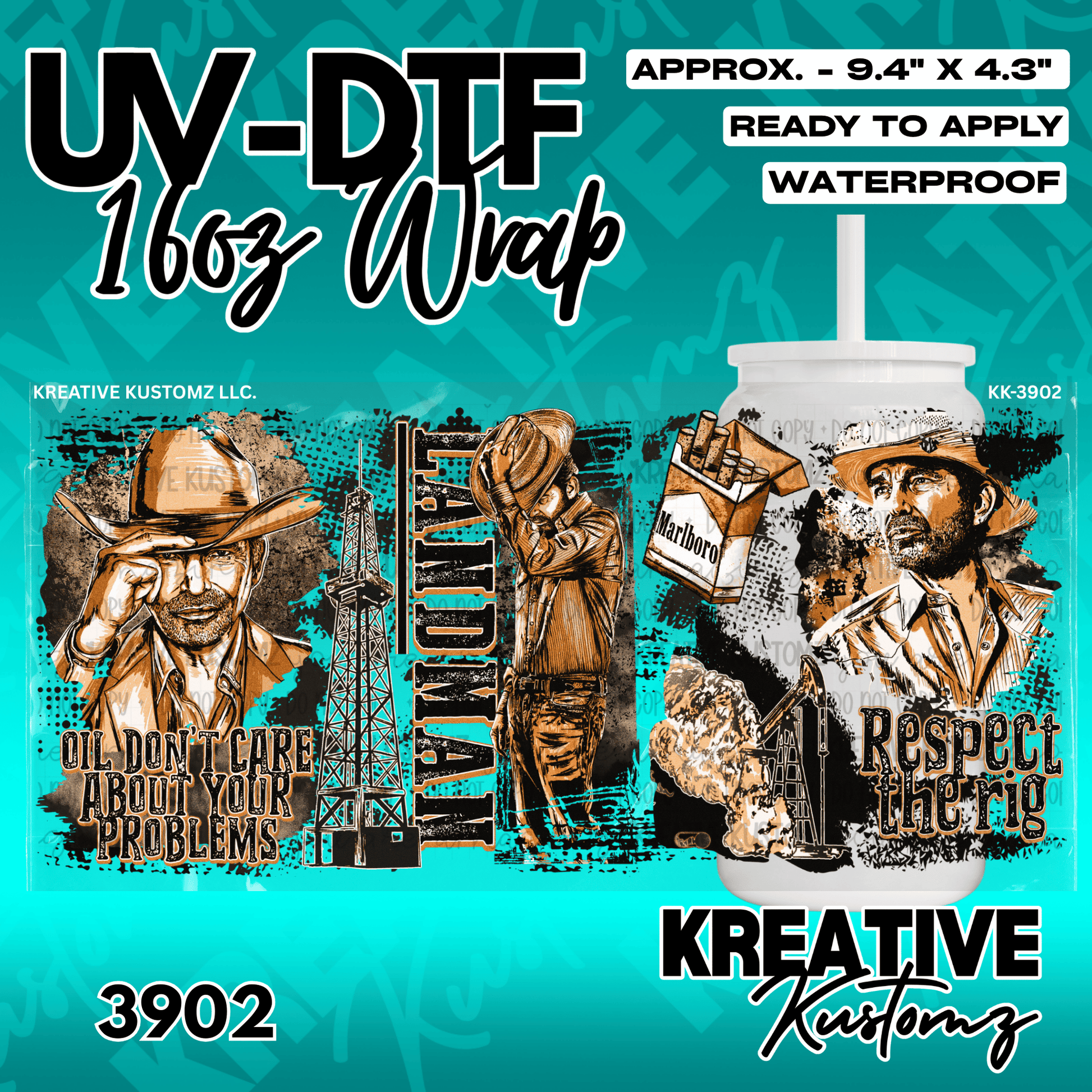 A UV DTF adhesive wrap for a 16oz glass cup featuring a cowboy, oil rig, and cigarette pack design.