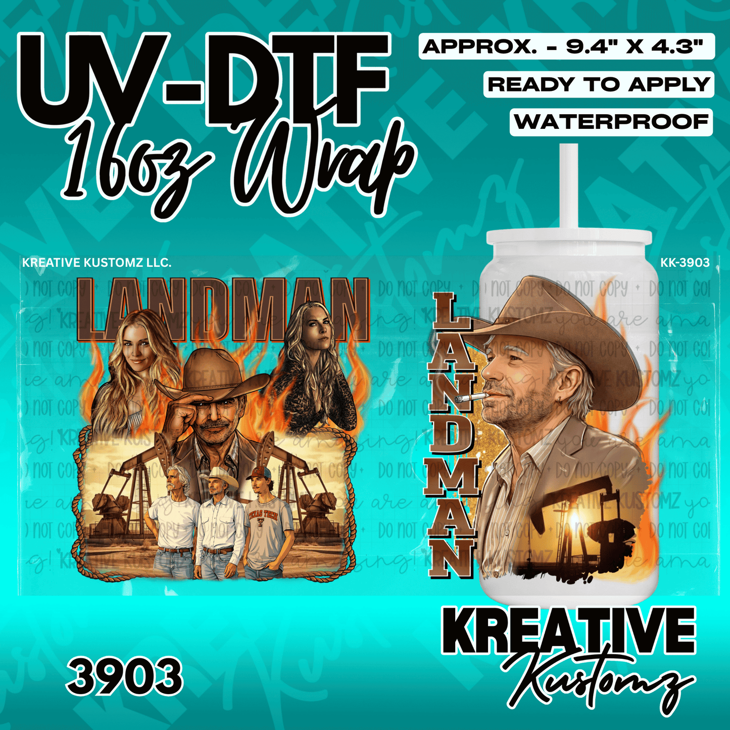 A Landman themed UV DTF adhesive wrap for a 16oz glass cup featuring characters and oil rigs.