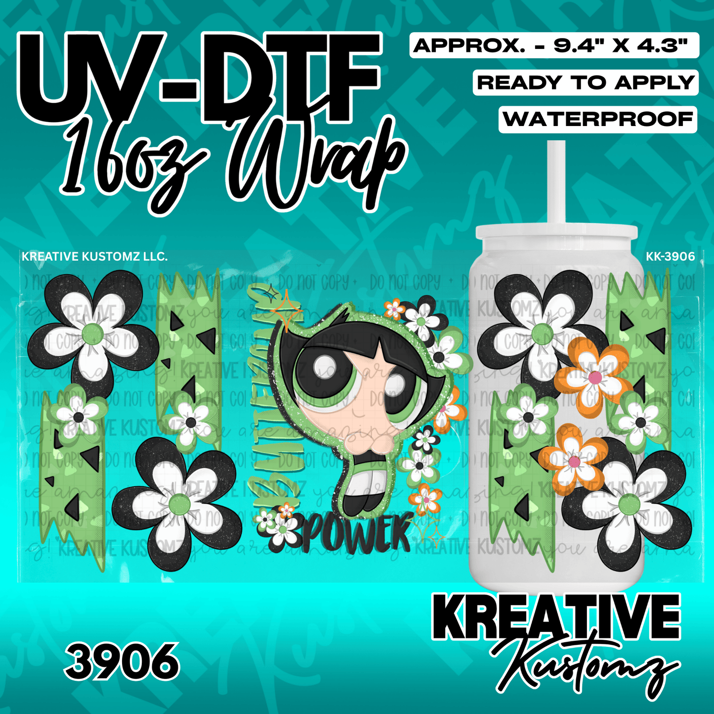 A floral UV DTF adhesive wrap featuring Buttercup from The Powerpuff Girls for a 16oz glass cup.