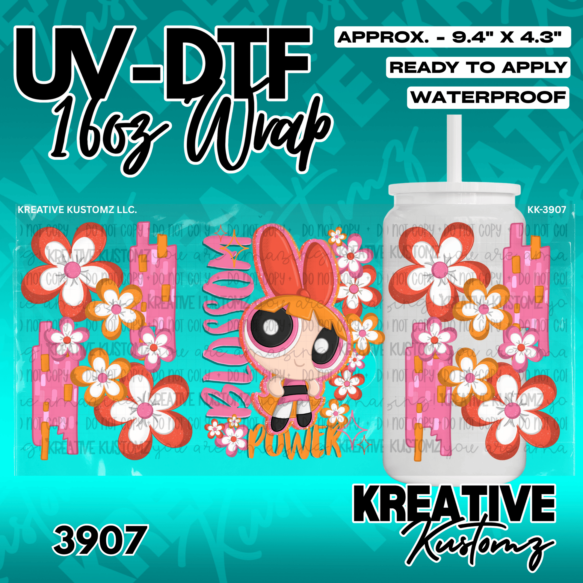 A UV DTF adhesive cup wrap featuring Blossom from The Powerpuff Girls surrounded by retro flowers.