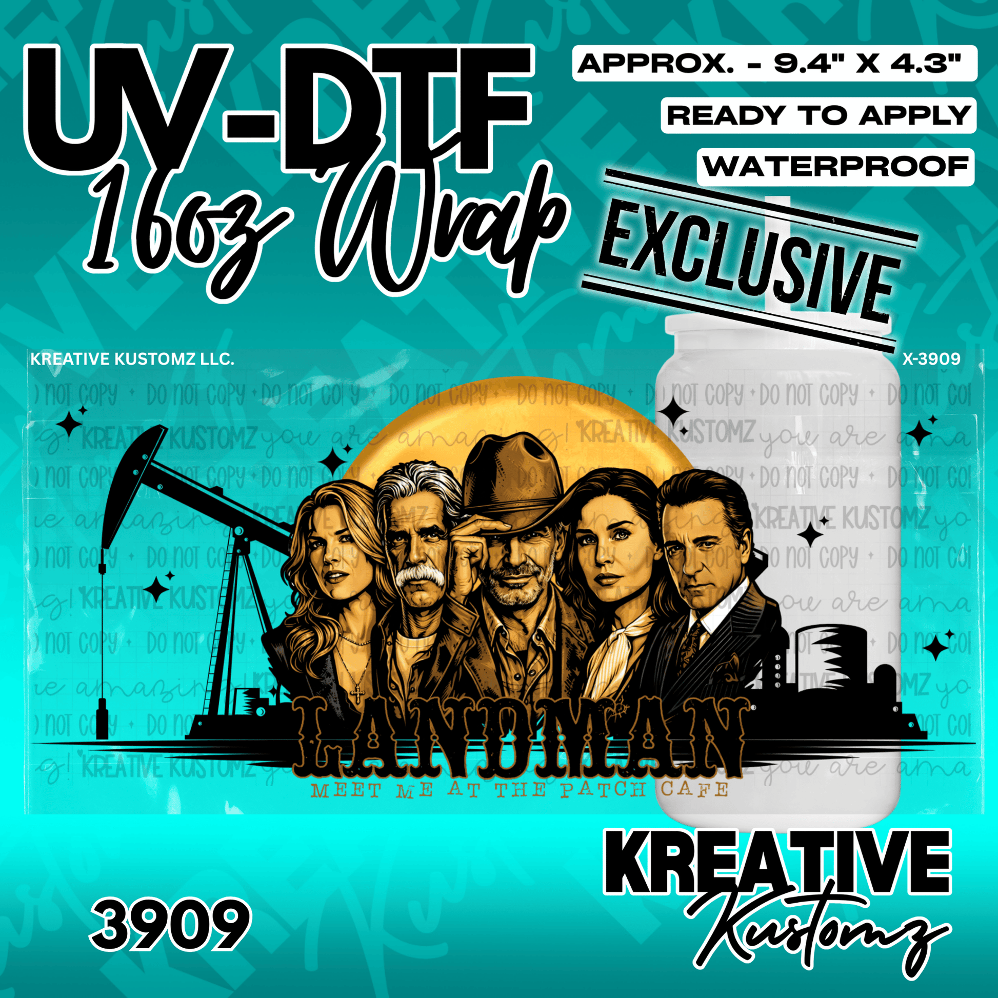 A UV DTF adhesive wrap for a 16oz glass cup featuring a Landman themed design.