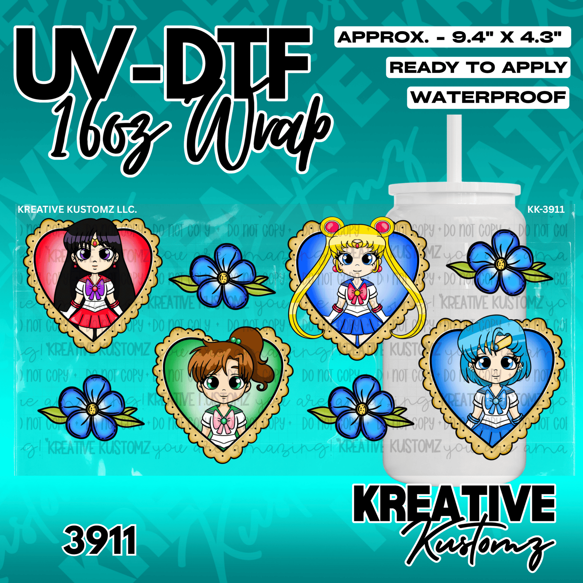 A UV DTF adhesive cup wrap featuring Sailor Moon characters in heart-shaped frames.