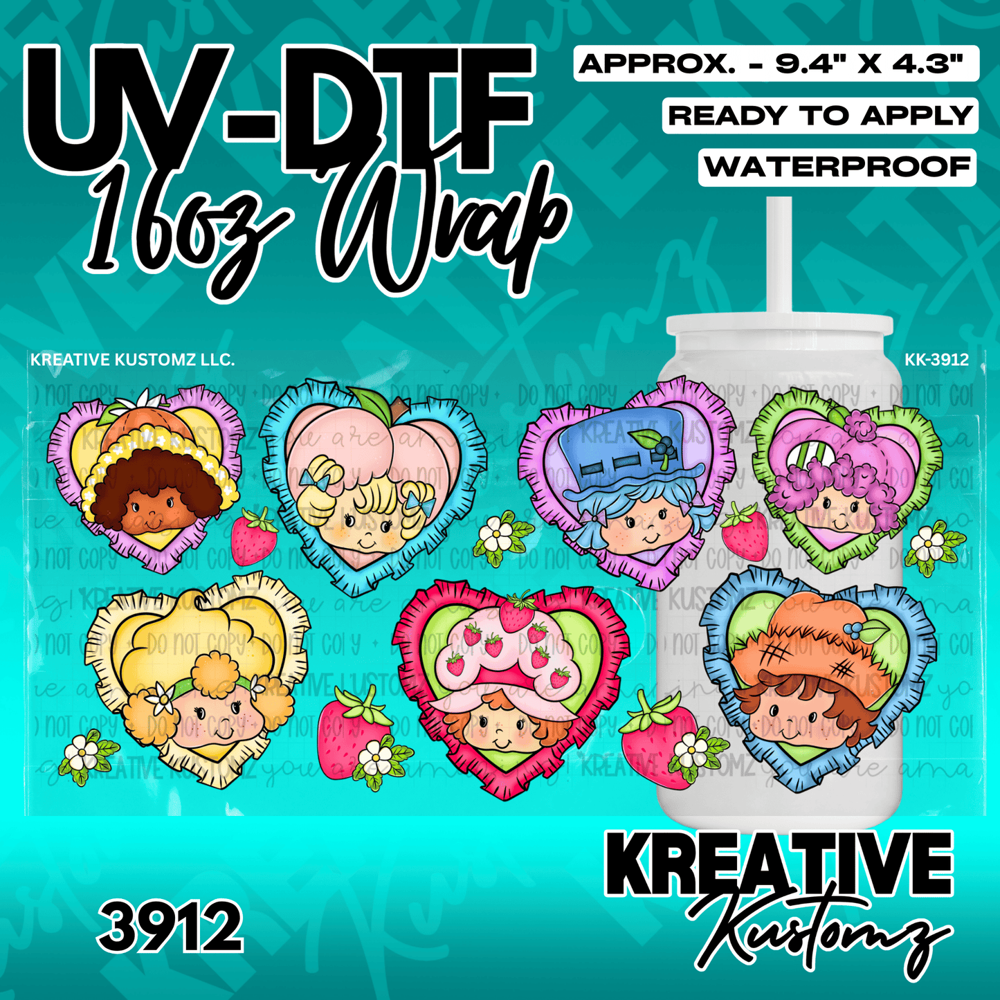 A UV DTF adhesive wrap featuring cartoon characters in heart-shaped frames for 16oz glass cans.
