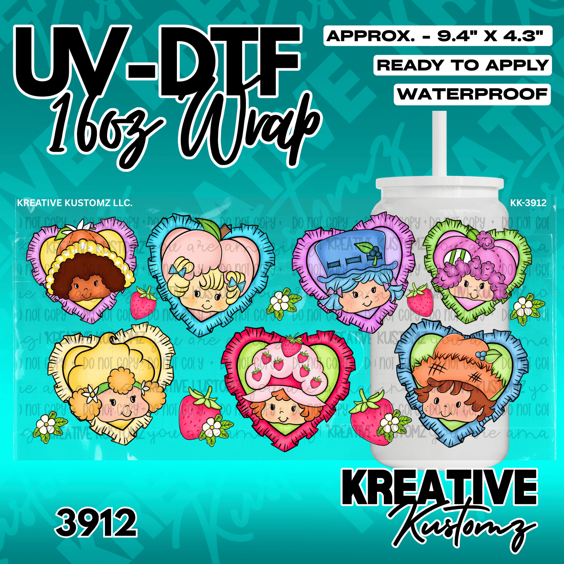 A UV DTF adhesive wrap featuring cartoon characters in heart-shaped frames for 16oz glass cans.