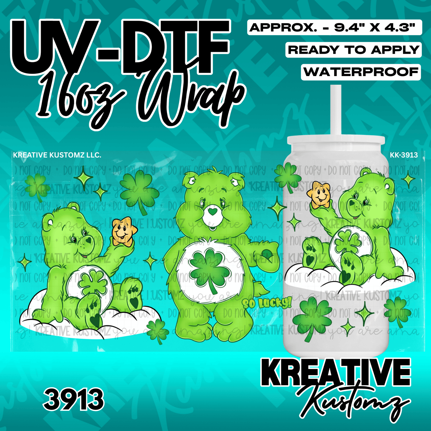 A UV DTF cup wrap featuring green cartoon bears and shamrocks for a 16oz glass can.