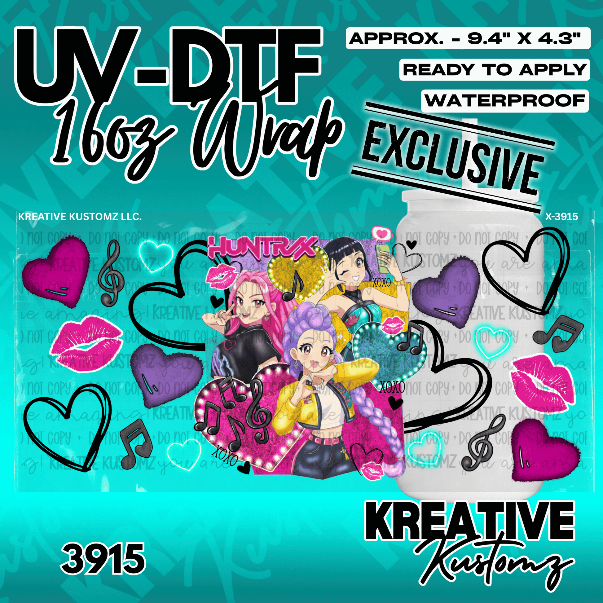 A UV DTF wrap for a 16oz glass cup featuring anime characters, hearts, and musical notes.