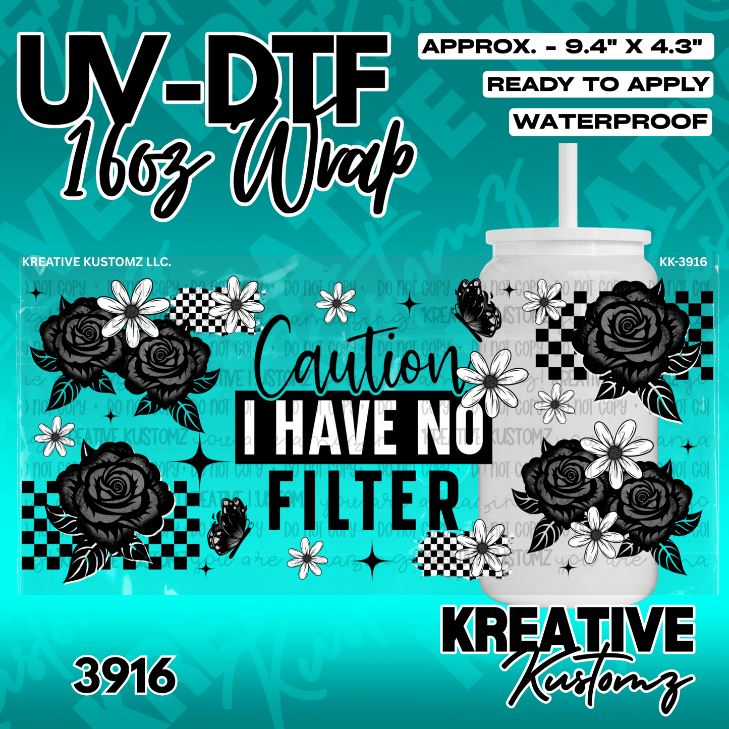 A black and white floral and checkered pattern decal for a 16oz glass cup.