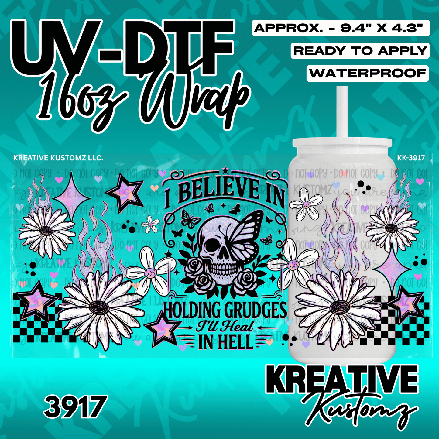 A floral and skull themed adhesive wrap for a 16 ounce glass cup with a black and white design.