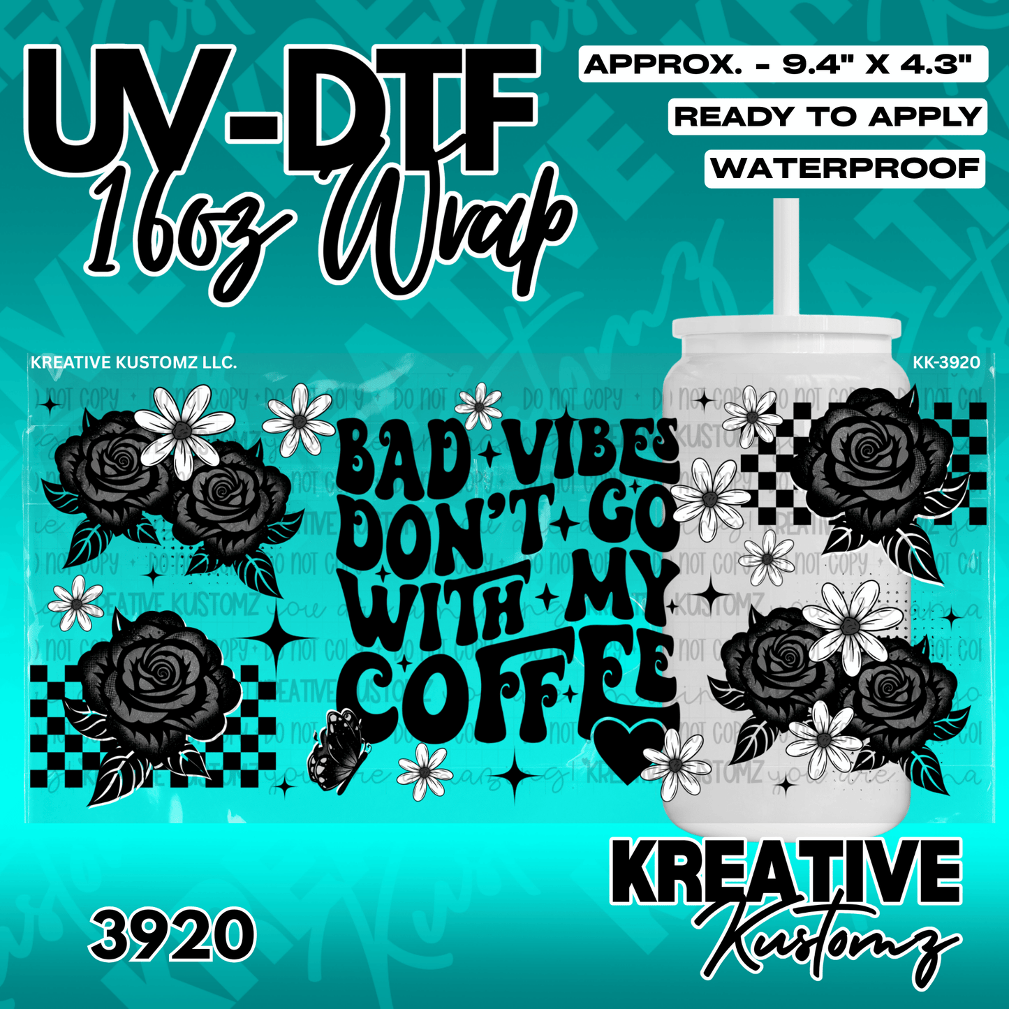 A floral UV DTF adhesive wrap for 16oz glass cans featuring roses and coffee-themed text.