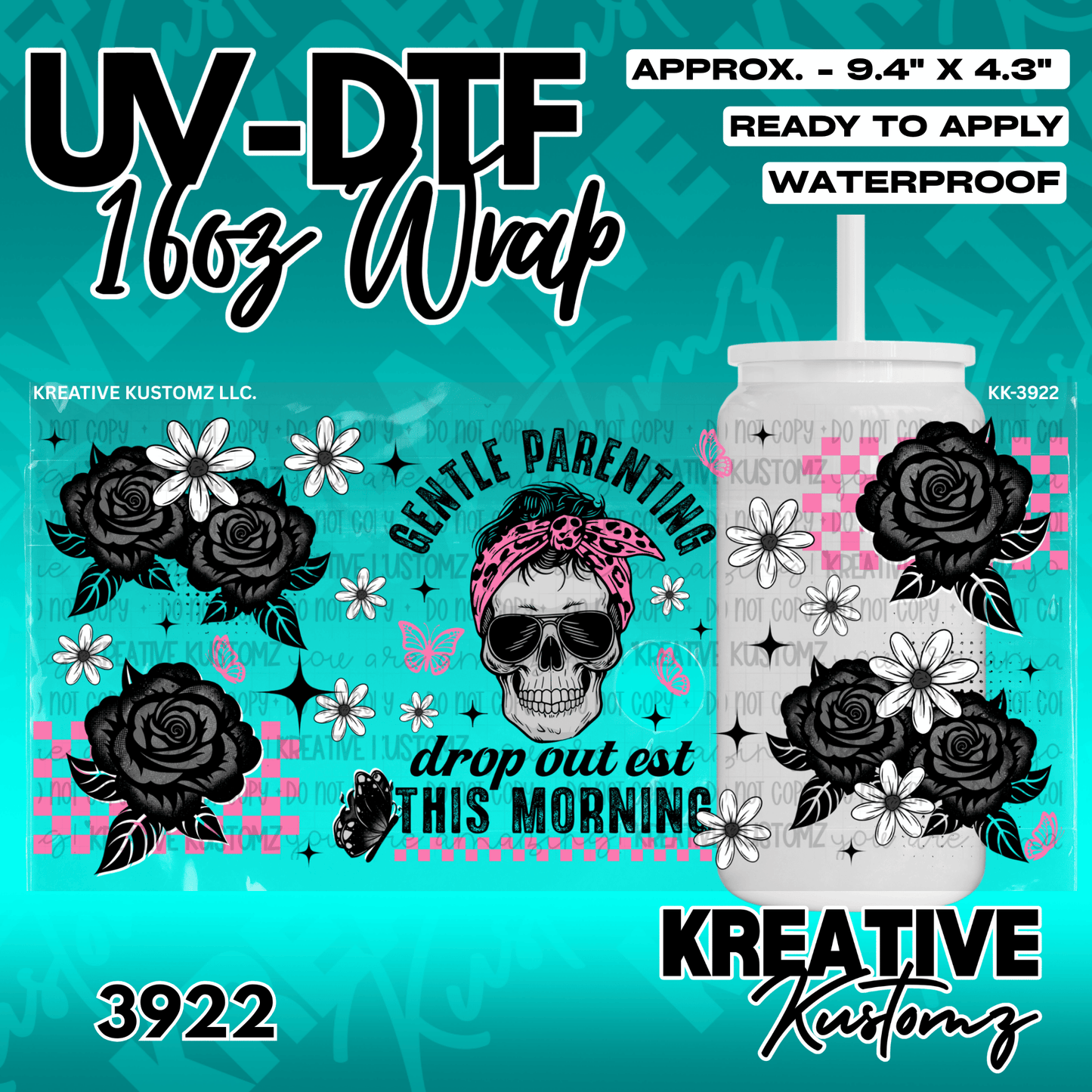 A UV DTF cup wrap featuring a skull with a pink bandana, black roses, and floral accents.