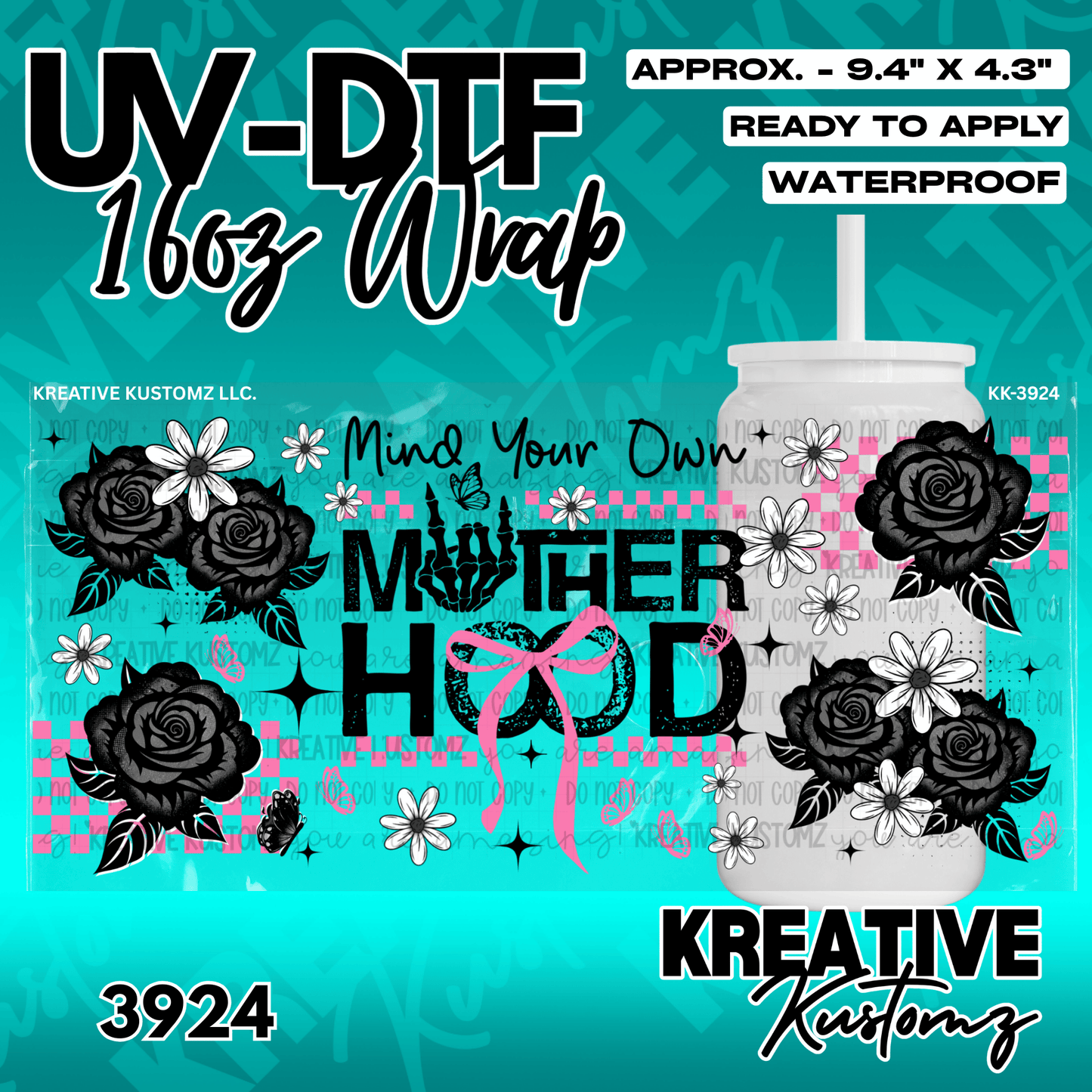 A floral UV DTF adhesive wrap for 16oz glass cans featuring a motherhood design with roses.