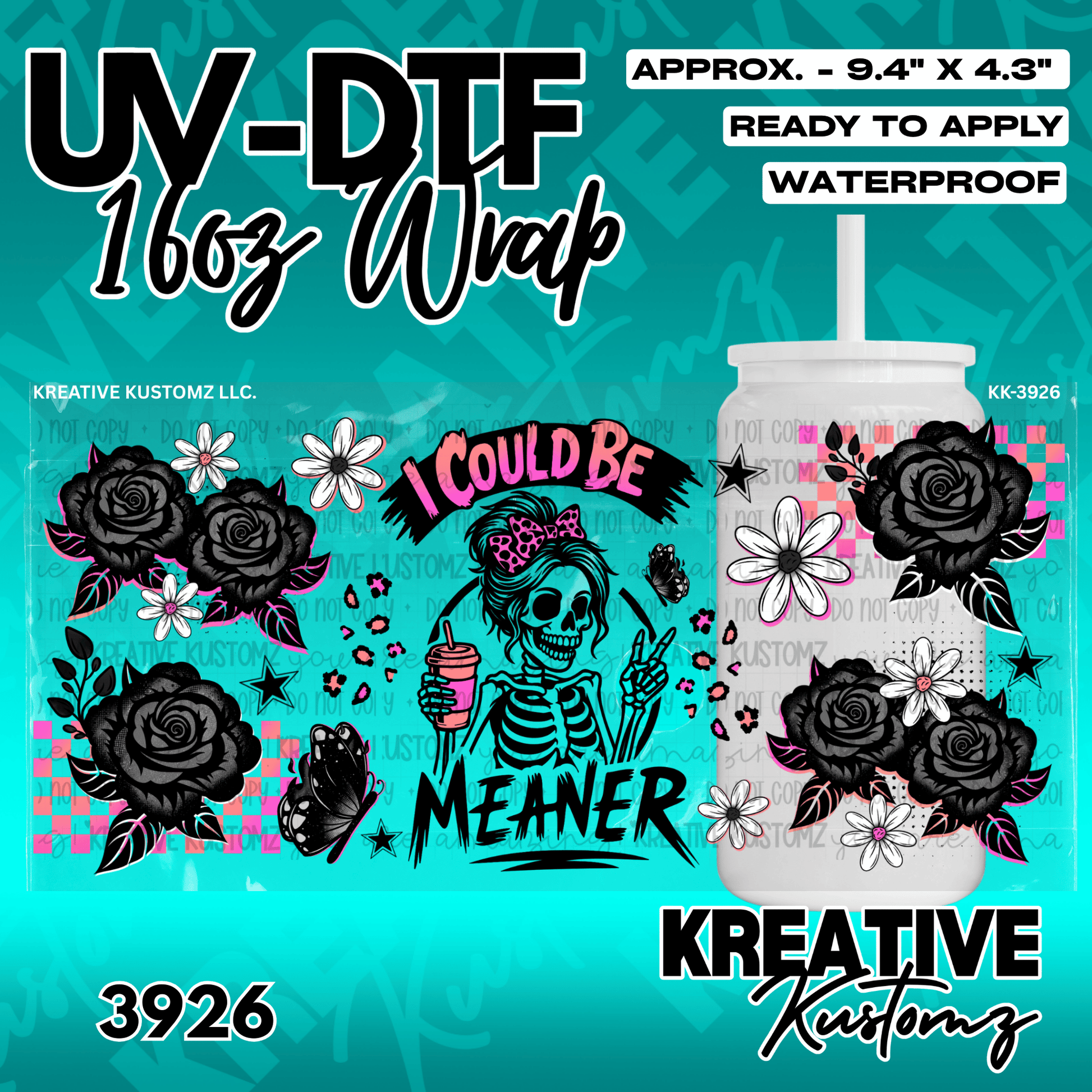 A floral UV DTF adhesive wrap featuring a skeleton design for a 16oz glass can.