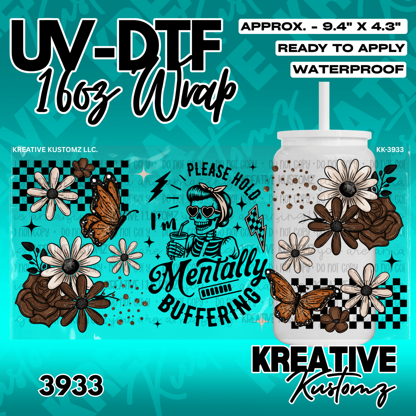 A floral and skeleton themed adhesive wrap for a 16oz glass cup featuring butterflies and flowers.