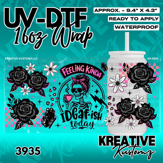 A UV DTF cup wrap featuring a skeleton with a coffee cup, black roses, and a checkered pattern.
