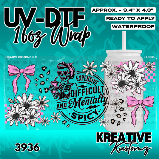 A floral UV DTF adhesive wrap for 16oz glass cans featuring a skeleton and pink bows.