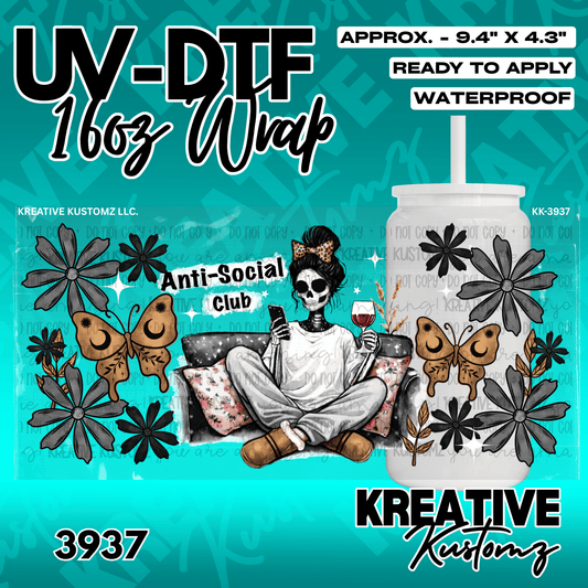 A UV DTF cup wrap featuring a skeleton sitting on a couch with flowers and butterflies.