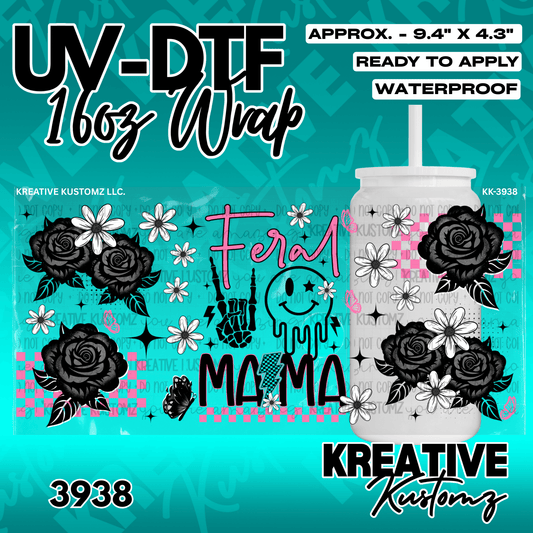 A UV DTF adhesive wrap for a 16oz glass cup featuring black roses, daisies, and Feral Mama text.