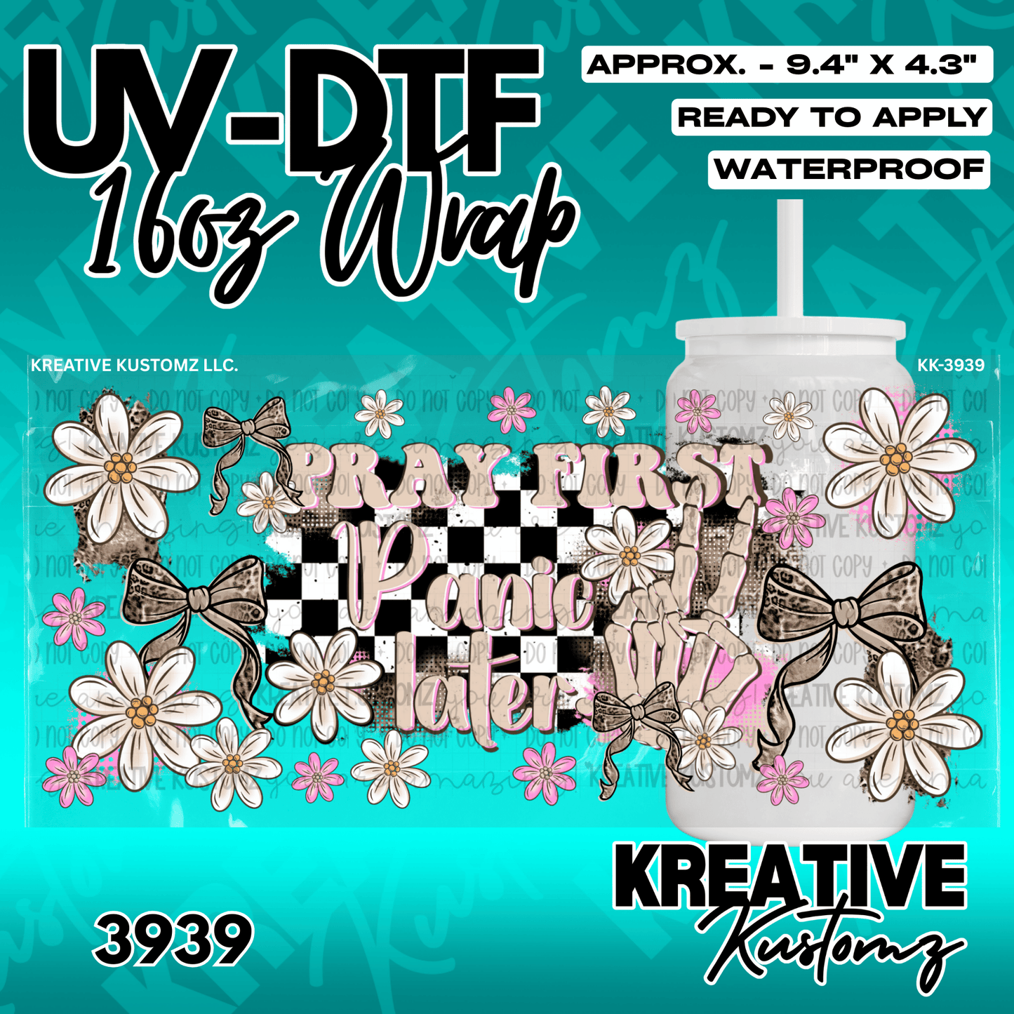 A UV DTF adhesive wrap for 16oz glass cans featuring a floral, checkered, and skeleton hand design.