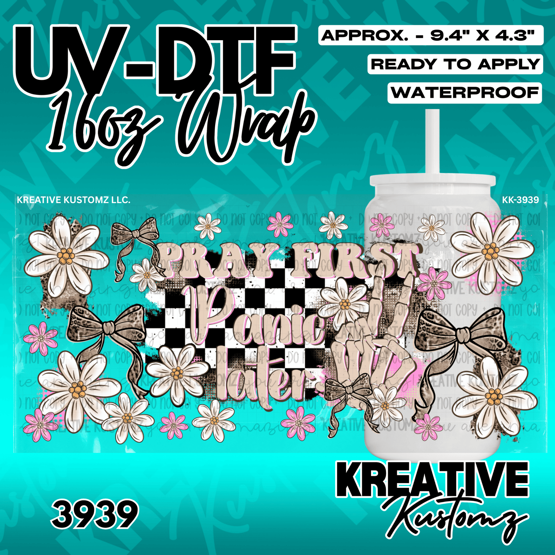 A UV DTF adhesive wrap for 16oz glass cans featuring a floral, checkered, and skeleton hand design.