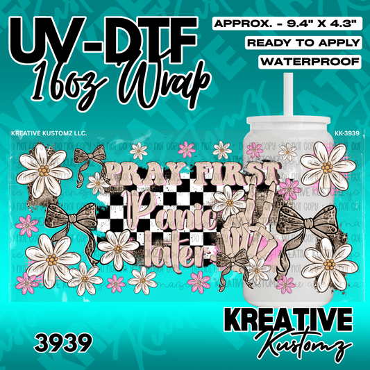 A UV DTF adhesive wrap for 16oz glass cans featuring a floral, checkered, and skeleton hand design.