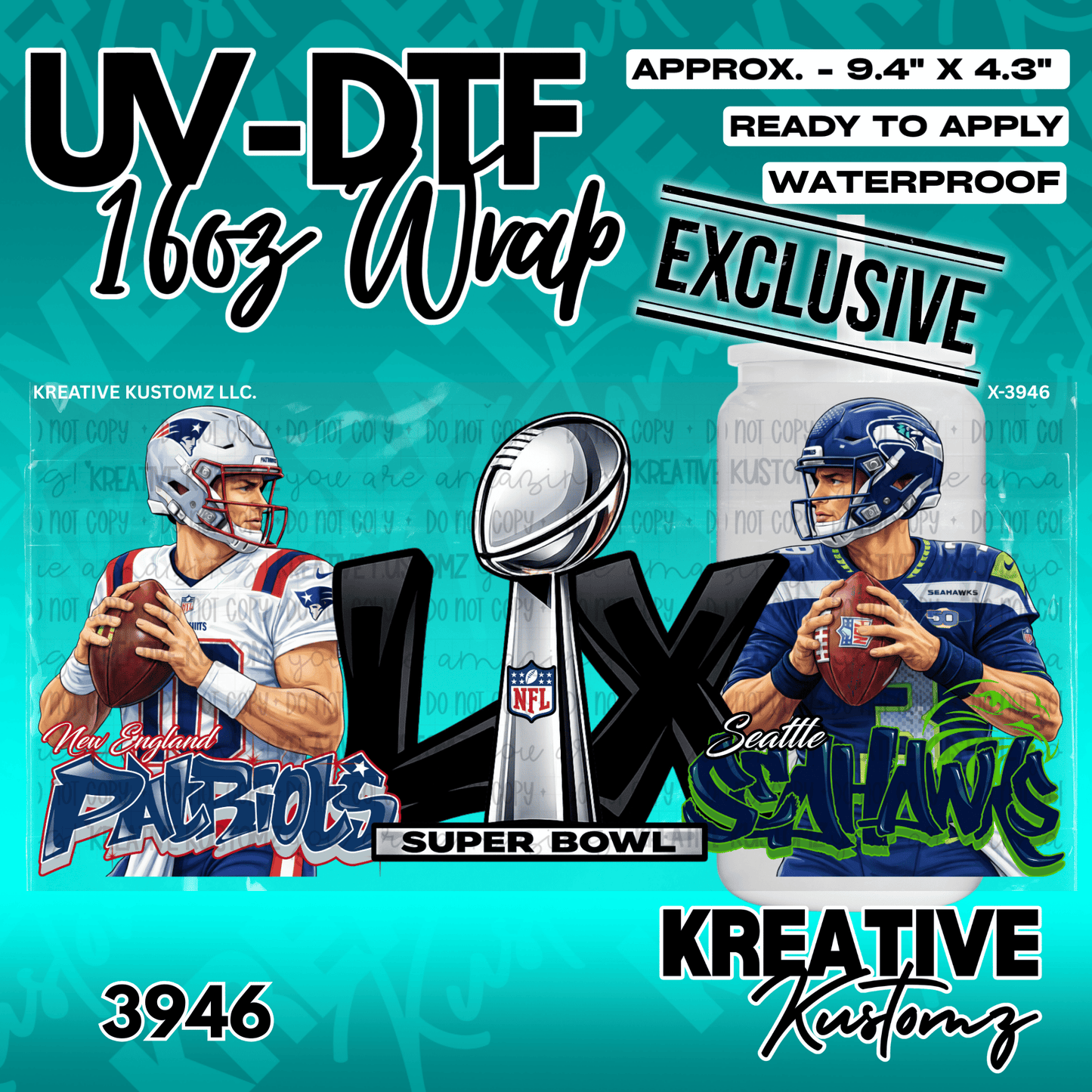 A UV DTF cup wrap featuring a football theme with two players and a championship trophy.