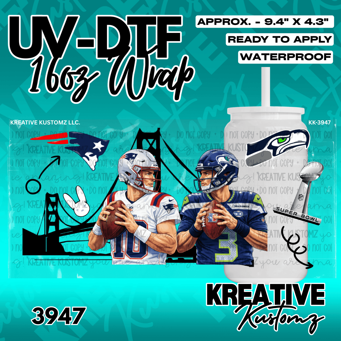 A UV DTF cup wrap featuring football players and team logos for a 16oz glass can.