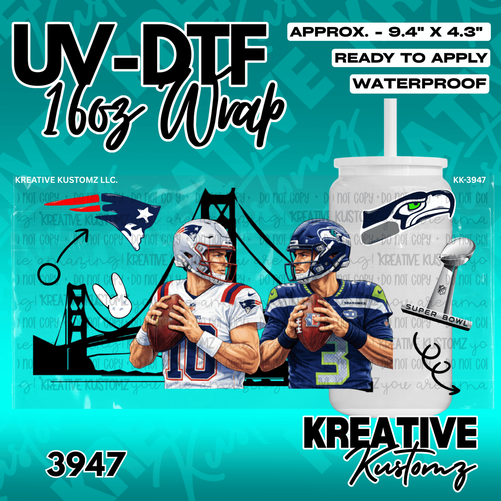 A UV DTF cup wrap featuring football players and team logos for a 16oz glass can.