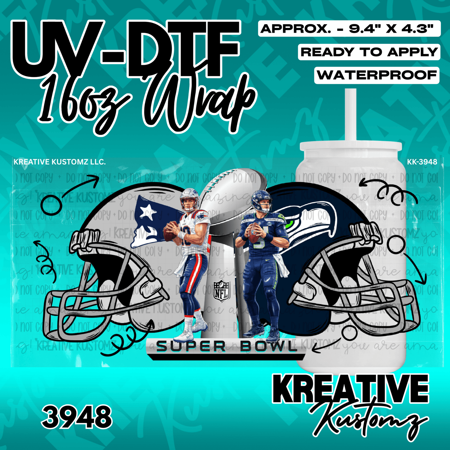 A football themed UV DTF adhesive wrap featuring two helmets and players for a 16oz glass cup.