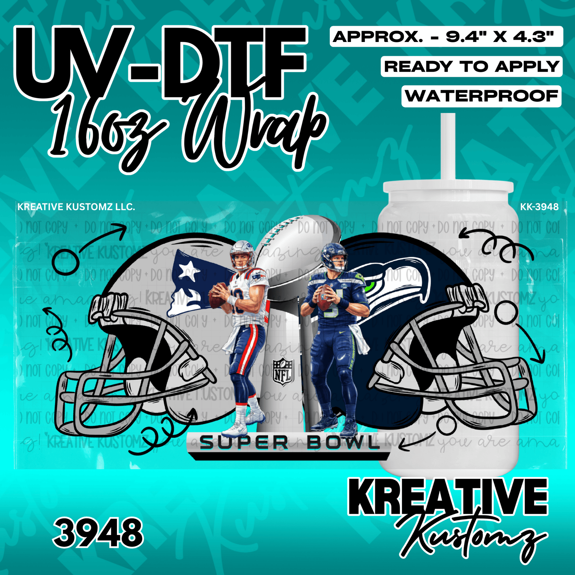 A football themed UV DTF adhesive wrap featuring two helmets and players for a 16oz glass cup.