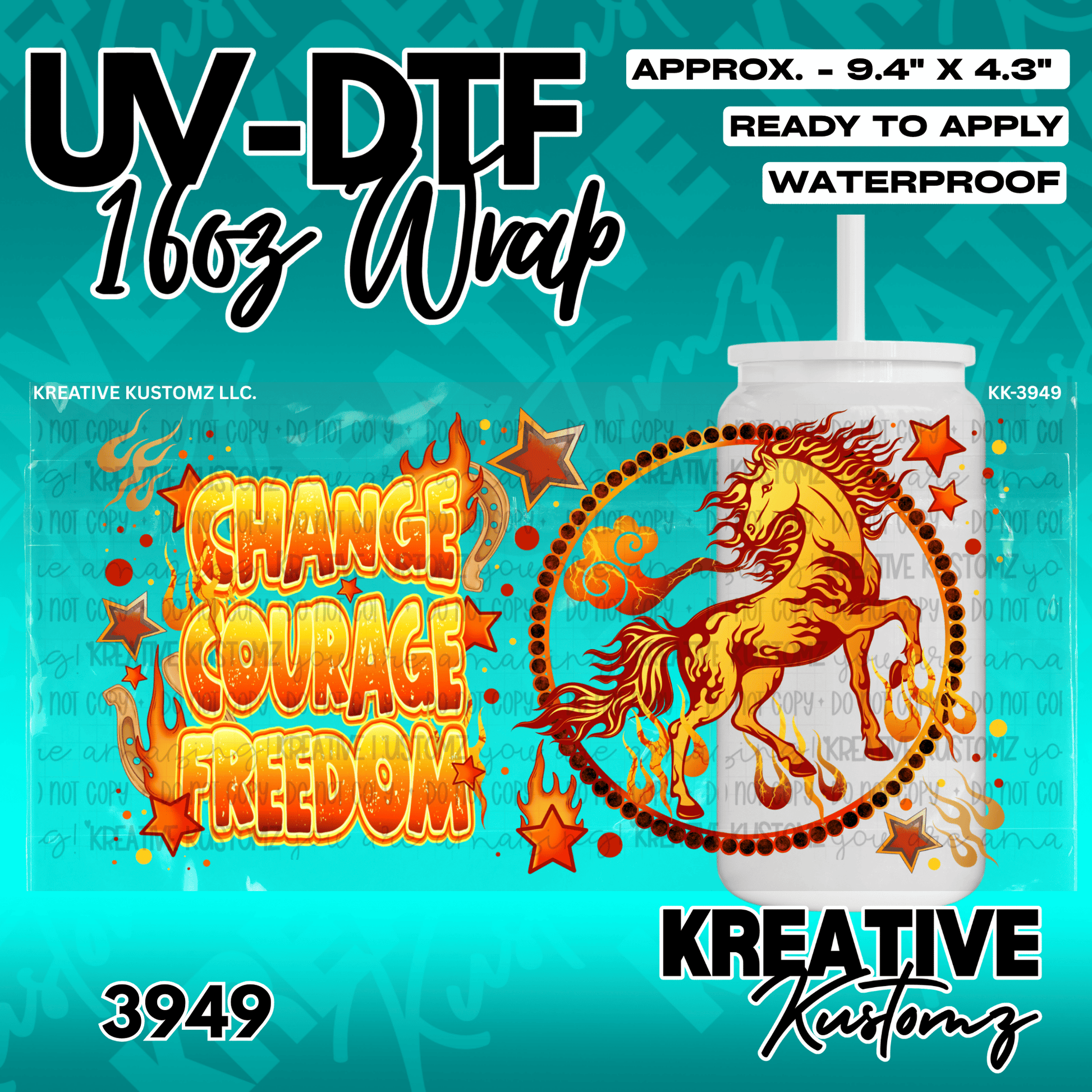A UV DTF adhesive wrap for a glass cup featuring a fiery horse and the words change courage freedom.