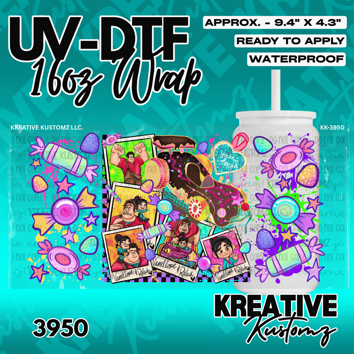 A Wreck-It Ralph themed UV DTF adhesive wrap for a 16oz glass cup featuring candy and character art.