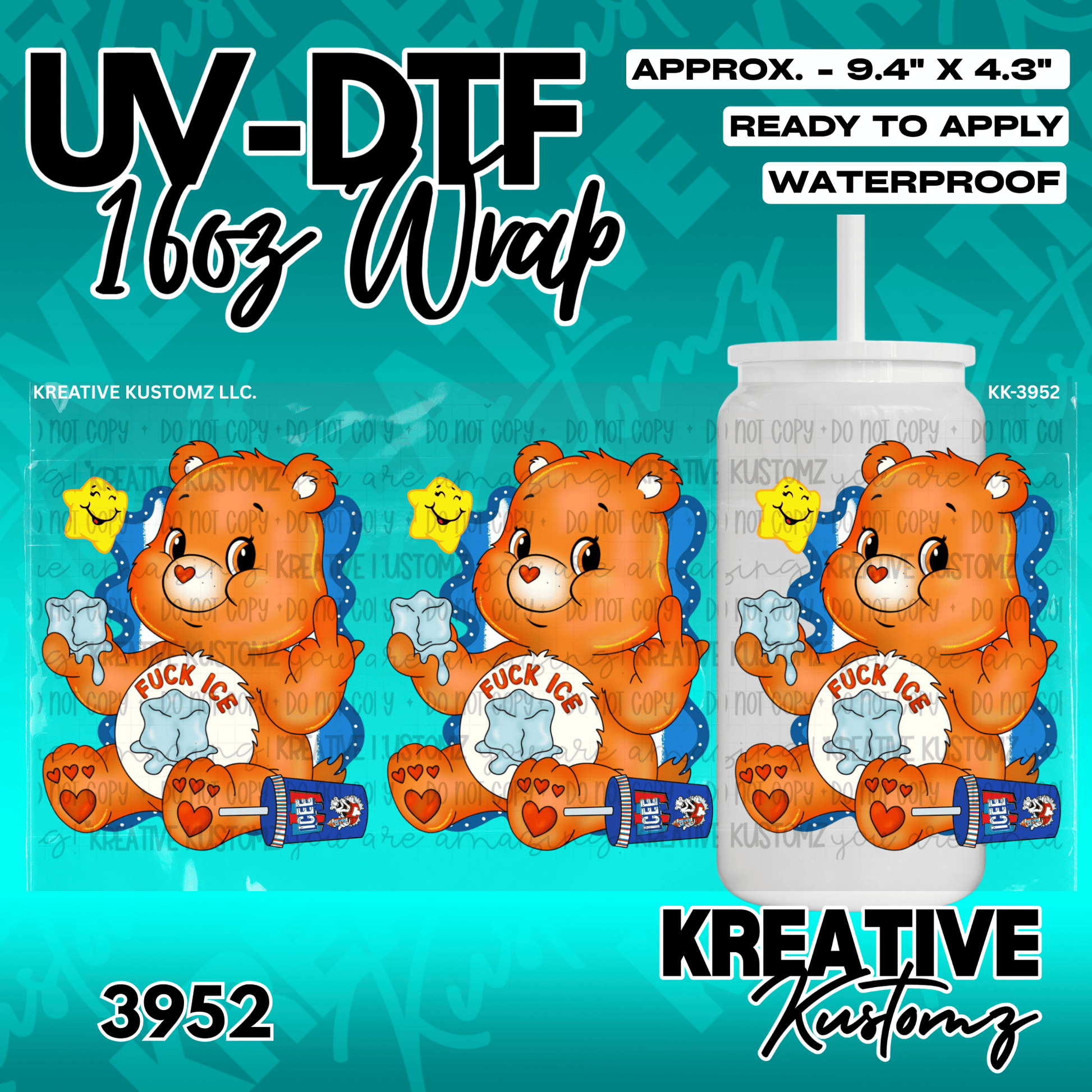 A UV DTF adhesive wrap for a 16oz glass cup featuring an orange bear character.