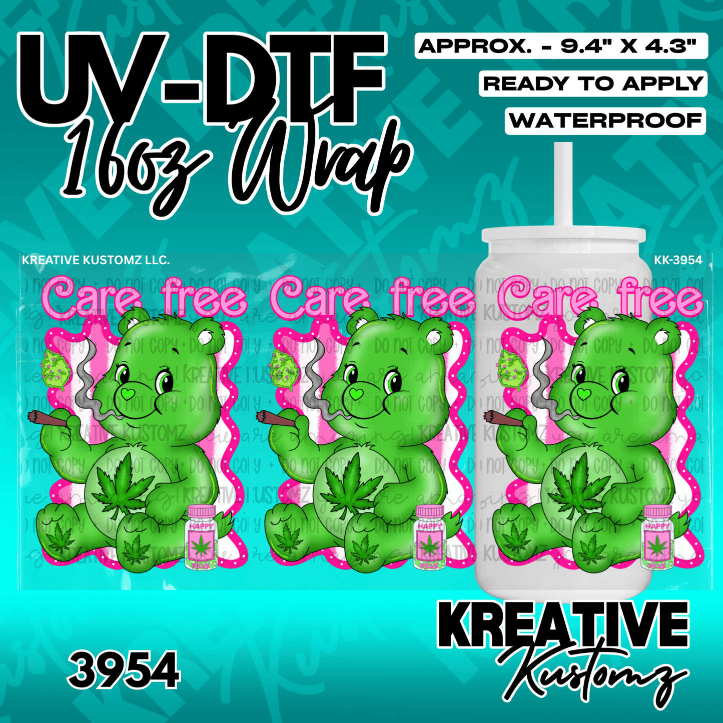A UV DTF adhesive wrap for 16oz glass cans featuring a green bear with cannabis-themed imagery.