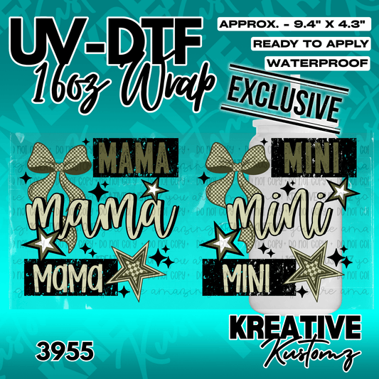 A UV DTF adhesive wrap for a 16oz glass cup featuring Mama and Mini text with bow and star designs.