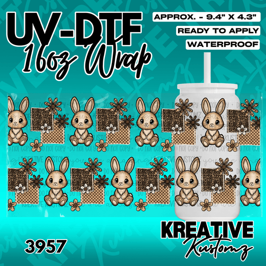 A UV DTF cup wrap featuring a repeating pattern of cartoon bunnies, leopard print, and flowers.