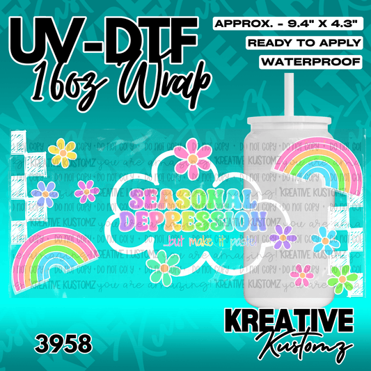 A colorful UV DTF adhesive wrap for a 16oz glass cup featuring rainbows, flowers, and text.