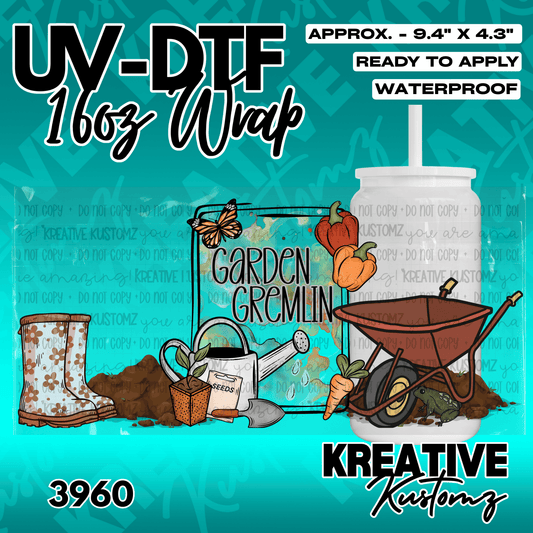 A garden-themed UV DTF adhesive wrap featuring boots, a wheelbarrow, and vegetables.