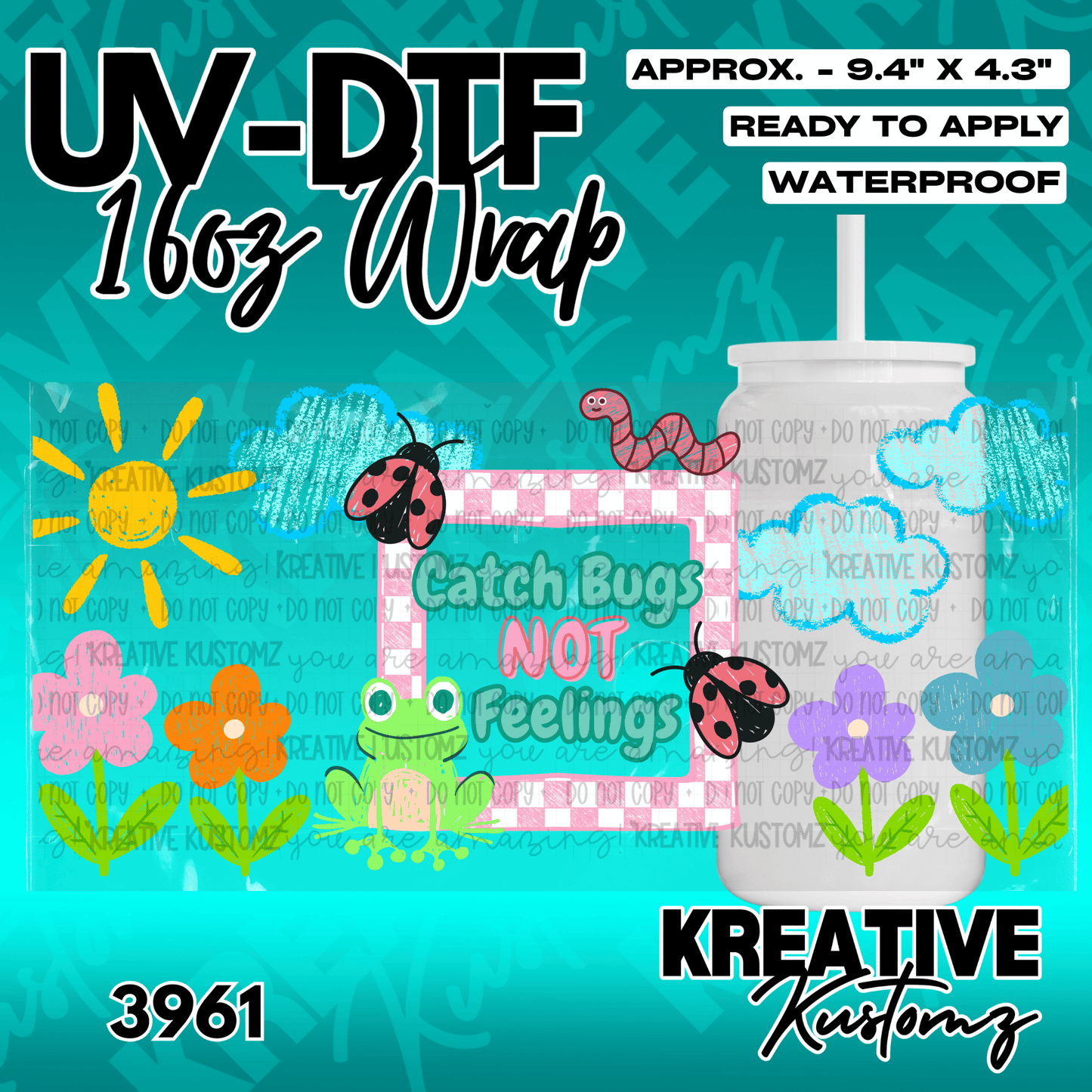 A UV DTF adhesive cup wrap featuring a colorful nature theme with a frog, bugs, and flowers.