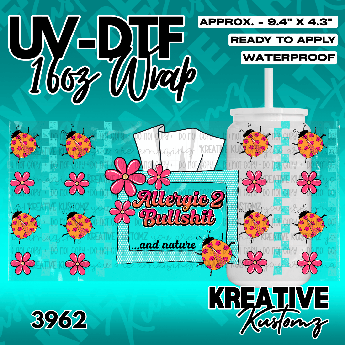A UV DTF cup wrap featuring ladybugs, pink flowers, and a tissue box design with text.