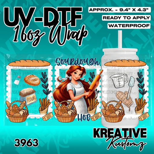 A UV DTF cup wrap featuring a cartoon baker and sourdough bread illustrations for a 16oz glass.