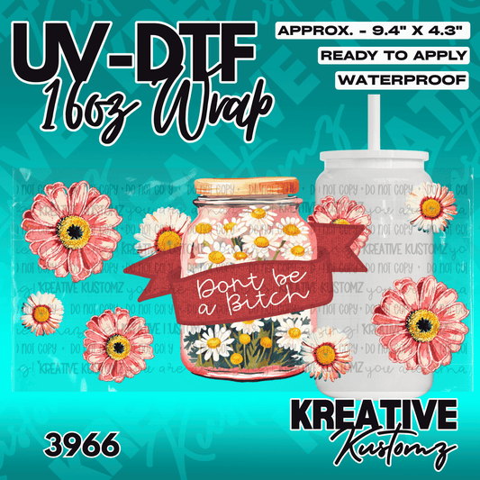 A floral UV DTF cup wrap featuring a mason jar filled with daisies and a banner with text.