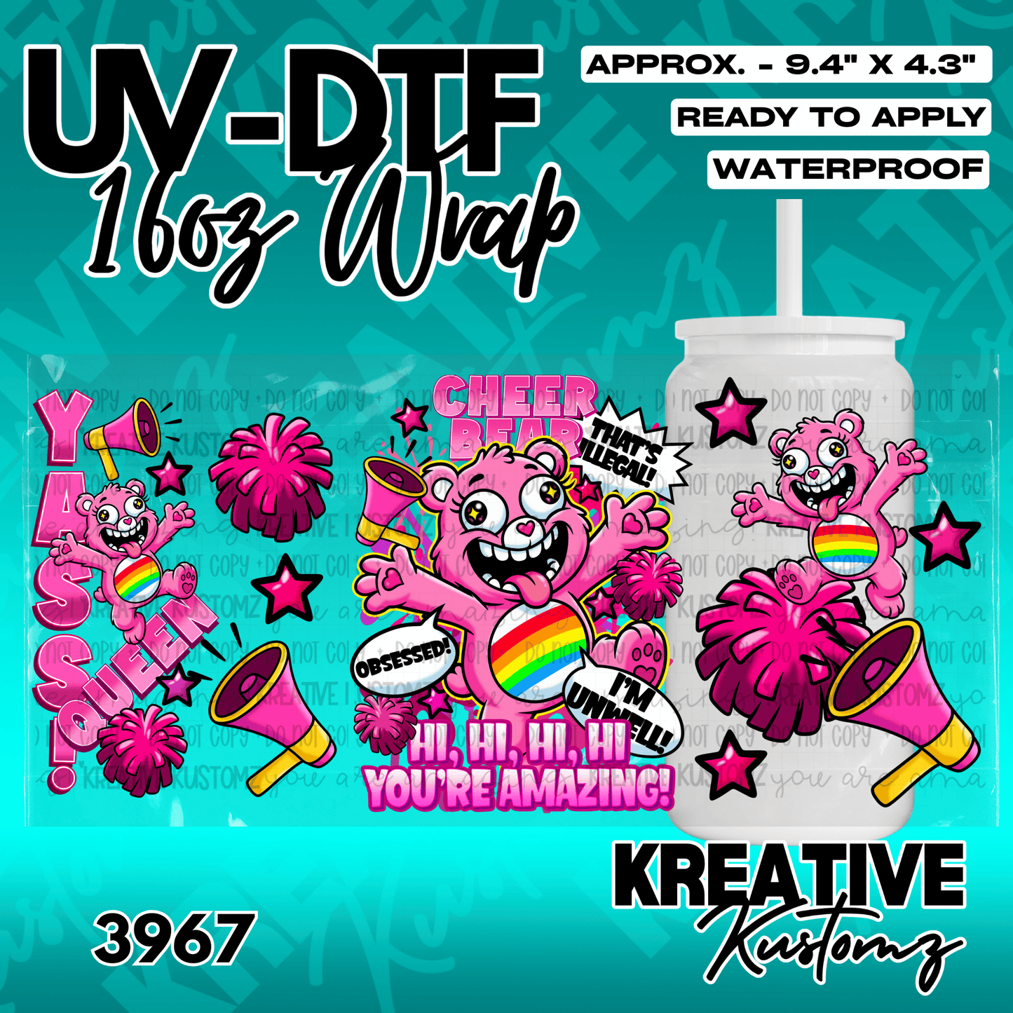 A pink Care Bear themed UV DTF adhesive wrap for a 16oz glass cup.
