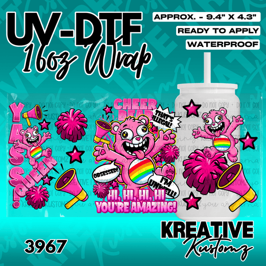 A pink Care Bear themed UV DTF adhesive wrap for a 16oz glass cup.