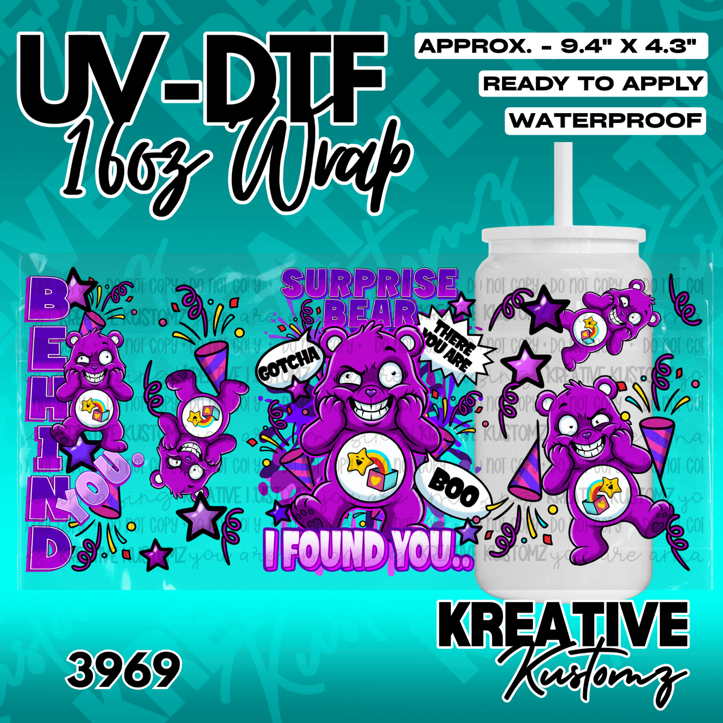 A purple bear themed UV DTF adhesive wrap for a 16oz glass can cup.