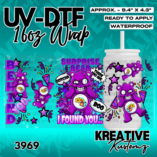 A purple bear themed UV DTF adhesive wrap for a 16oz glass can cup.