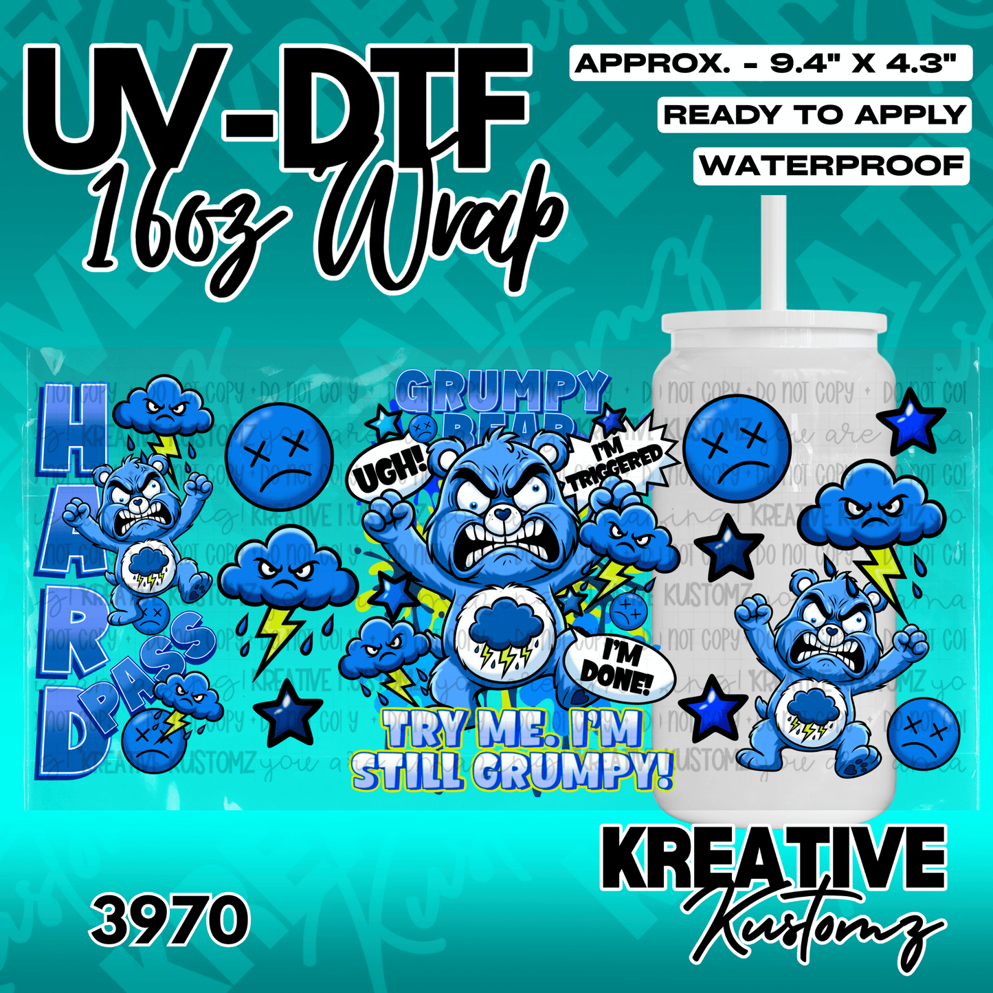 A blue Care Bear themed UV DTF adhesive wrap for a 16oz glass cup featuring grumpy character art.