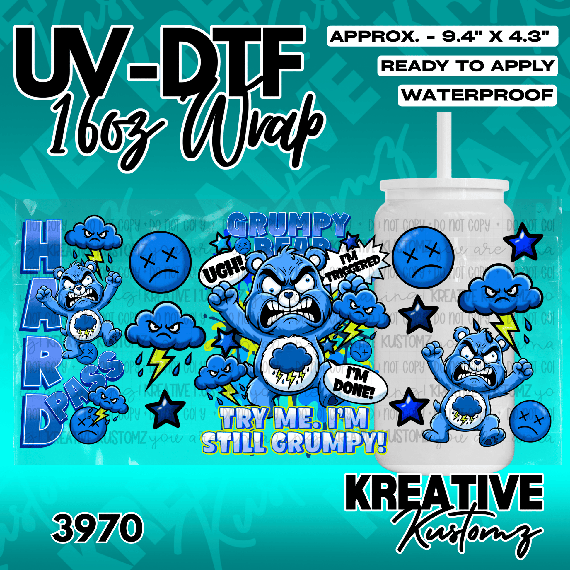 A blue Care Bear themed UV DTF adhesive wrap for a 16oz glass cup featuring grumpy character art.