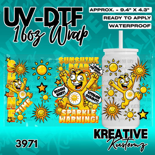 A UV DTF adhesive wrap for 16oz glass cups featuring yellow cartoon bears and suns.