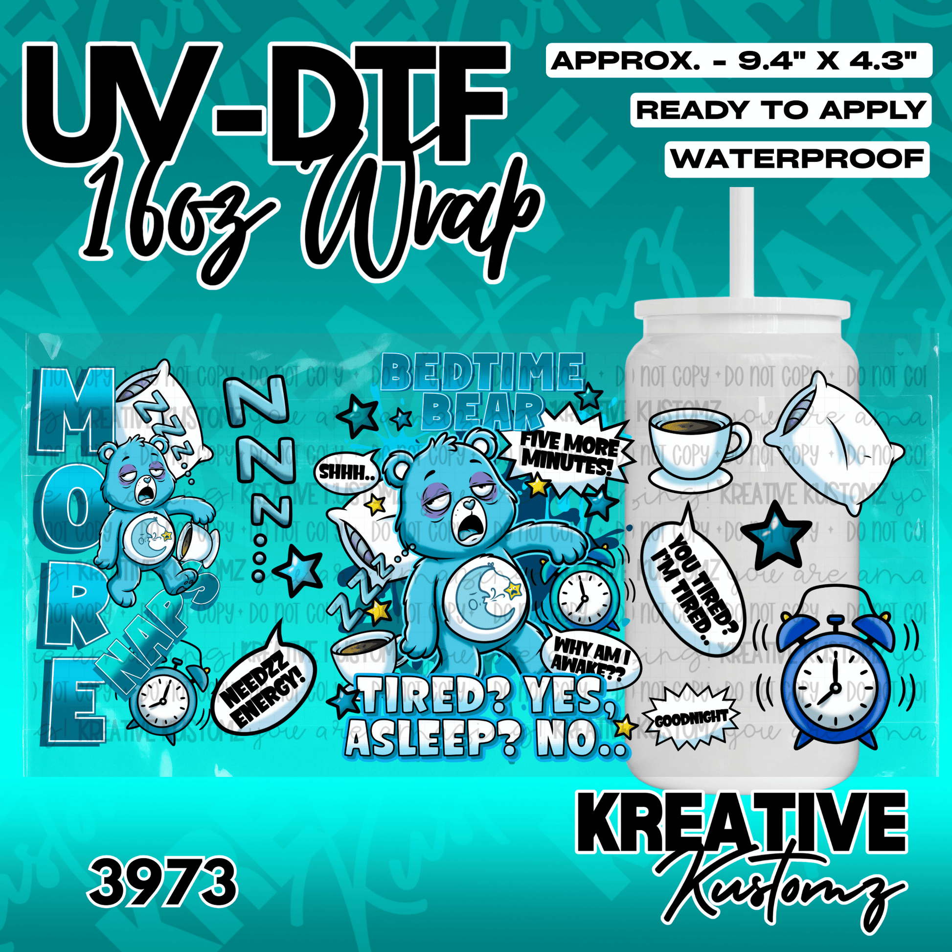 A blue Care Bear themed adhesive wrap for a 16oz glass cup featuring sleepy graphics and text.